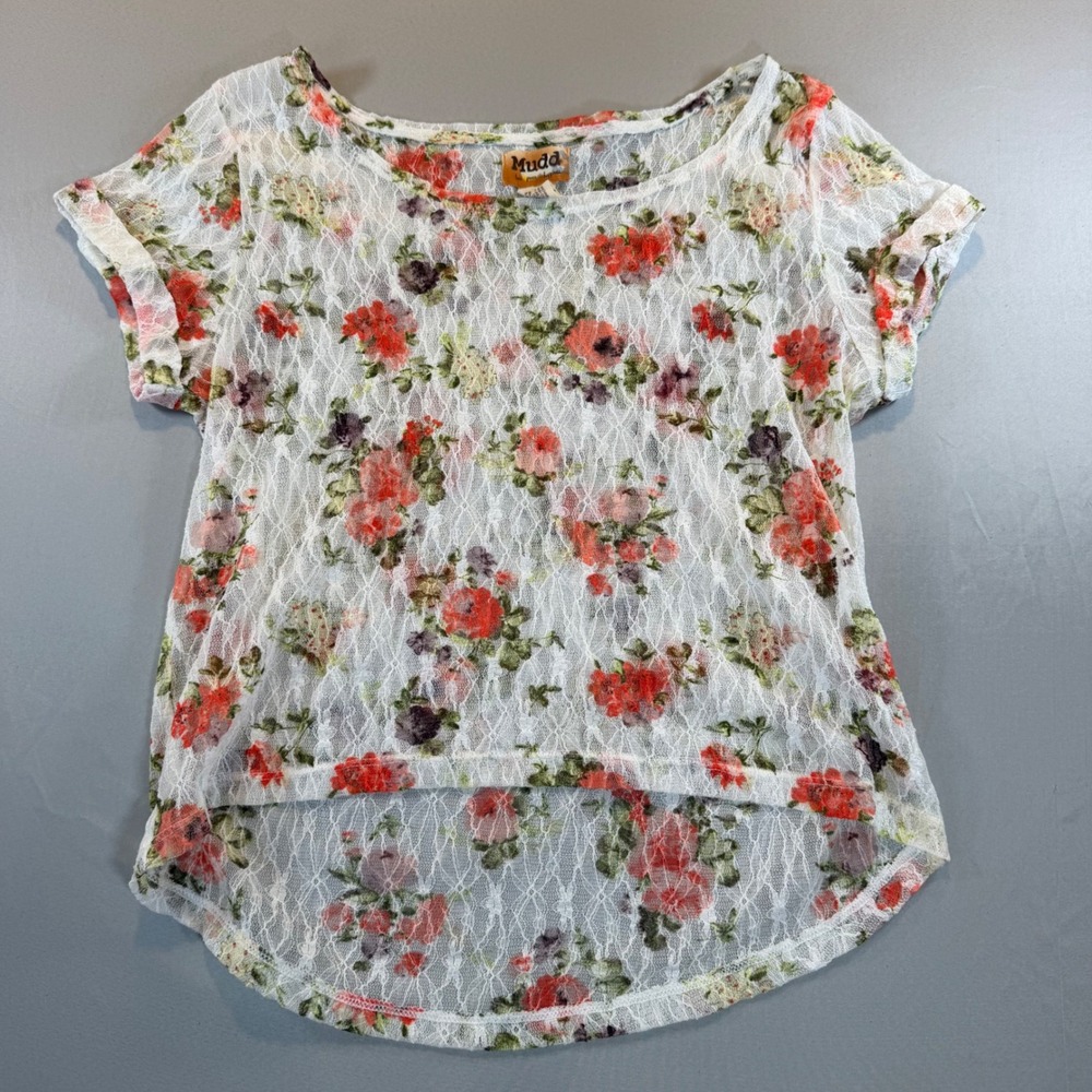 Mudd Womens Floral Lace Sheer Short Sleeve‎ M Cottagecore Romantic Y2K Boho Soft